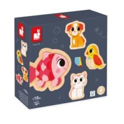 Janod 4 Puzzles En Bois De 2-3-4 Et 5 Pièces - Puzzles En Forme D'animaux De Compagnie : Poisson - Chien - Chat Et Perroquet -