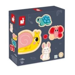 Janod 4 Puzzles En Bois De 2-3-4 Et 5 Pièces - Puzzles En Forme D'animaux Du Jardin : Escargot - Tortue - Lapin Et Papillon -